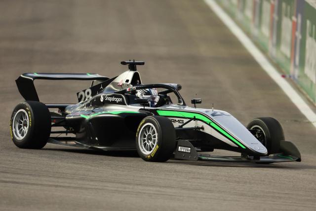 French driver Doriane Pin races during the F1 Academy race at the Las Vegas Strip Circuit in Las Vegas, Nevada, on November 22, 2025. (Photo by Patrick T. Fallon / AFP)