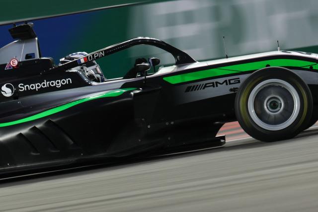 French driver Doriane Pin races during the F1 Academy race at the Las Vegas Strip Circuit in Las Vegas, Nevada, on November 22, 2025. (Photo by Patrick T. Fallon / AFP)