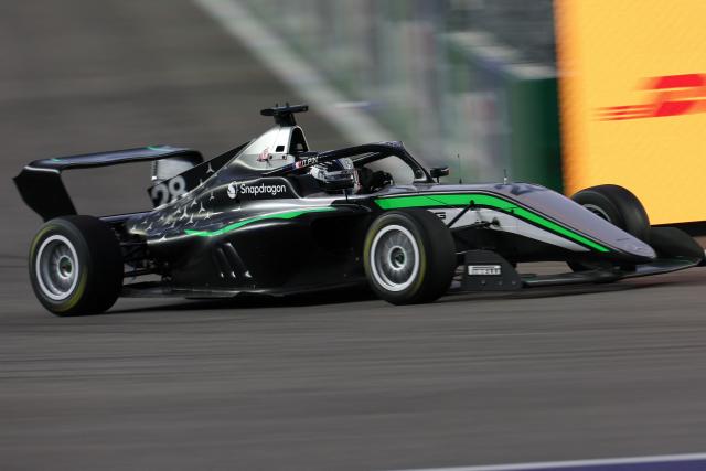 French driver Doriane Pin races during the F1 Academy race at the Las Vegas Strip Circuit in Las Vegas, Nevada, on November 22, 2025. (Photo by Patrick T. Fallon / AFP)