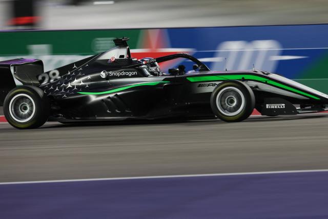 French driver Doriane Pin races during the F1 Academy race at the Las Vegas Strip Circuit in Las Vegas, Nevada, on November 22, 2025. (Photo by Patrick T. Fallon / AFP)
