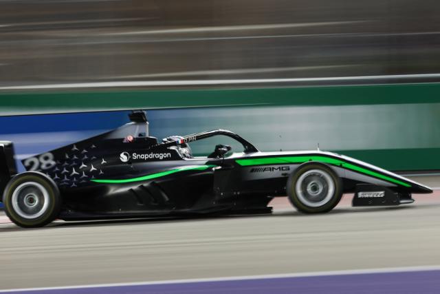 French driver Doriane Pin races during the F1 Academy race at the Las Vegas Strip Circuit in Las Vegas, Nevada, on November 22, 2025. (Photo by Patrick T. Fallon / AFP)