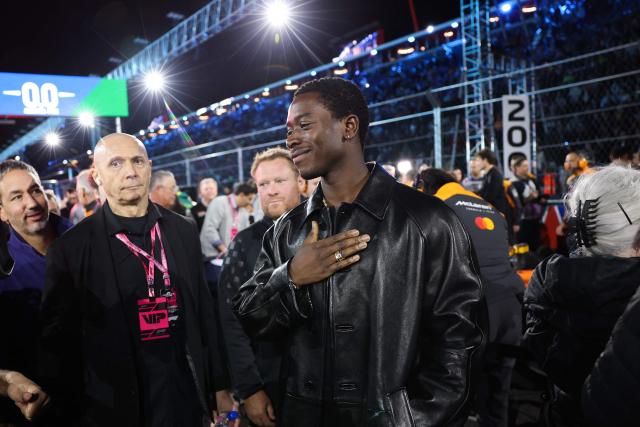 British actor Damson Idris attends the grid tour before the start of the Las Vegas Formula One Grand Prix at the Las Vegas Strip Circuit in Las Vegas, Nevada, on November 22, 2025. (Photo by Patrick T. Fallon / AFP)