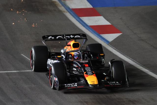 Red Bull Racing's Dutch driver Max Verstappen races during the Las Vegas Formula One Grand Prix at the Las Vegas Strip Circuit in Las Vegas, Nevada, on November 22, 2025. (Photo by Patrick T. Fallon / AFP)