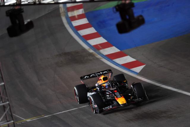 Red Bull Racing's Dutch driver Max Verstappen races during the Las Vegas Formula One Grand Prix at the Las Vegas Strip Circuit in Las Vegas, Nevada, on November 22, 2025. (Photo by Patrick T. Fallon / AFP)