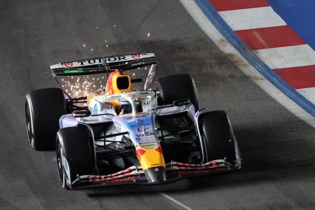 RB's French driver Isack Hadjar races during the Las Vegas Formula One Grand Prix at the Las Vegas Strip Circuit in Las Vegas, Nevada, on November 22, 2025. (Photo by Patrick T. Fallon / AFP)