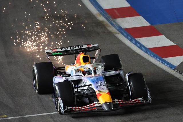 TOPSHOT - RB's French driver Isack Hadjar races during the Las Vegas Formula One Grand Prix at the Las Vegas Strip Circuit in Las Vegas, Nevada, on November 22, 2025. (Photo by Patrick T. Fallon / AFP)