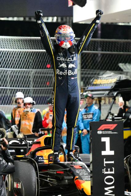 Red Bull Racing's Dutch driver Max Verstappen celebrates after winning the Las Vegas Formula One Grand Prix at the Las Vegas Strip Circuit in Las Vegas, Nevada, on November 22, 2025. (Photo by Frederic J. Brown / AFP)