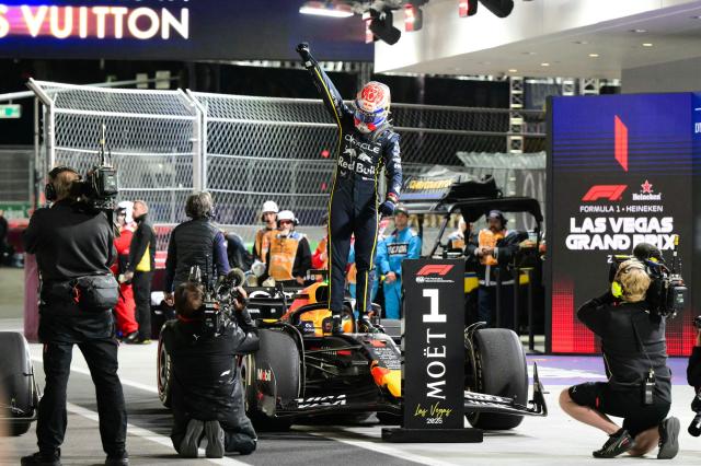 Red Bull Racing's Dutch driver Max Verstappen celebrates after winning the Las Vegas Formula One Grand Prix at the Las Vegas Strip Circuit in Las Vegas, Nevada, on November 22, 2025. (Photo by Frederic J. Brown / AFP)