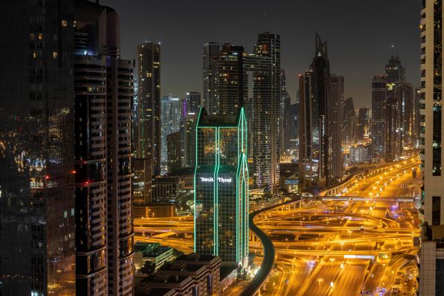 The empty Sheikh Zayed Road is made ready for the early morning start of the "Dubai Run 2025" as part of the 9th Edition of Dubai Fitness Challenge, in Dubai on November 23, 2025. (Photo by FADEL SENNA / AFP)