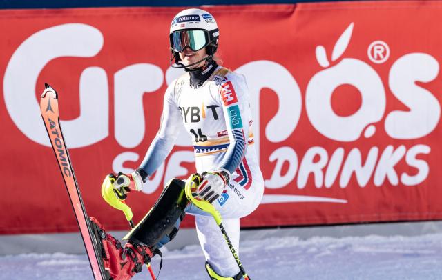 Norway's Mina Fuerst Holtmann reacts after the second run of the women's slalom event of the FIS Alpine Skiing World Cup in Gurgl, Austria on November 23, 2025. (Photo by Johann GRODER / various sources / AFP) / Austria OUT