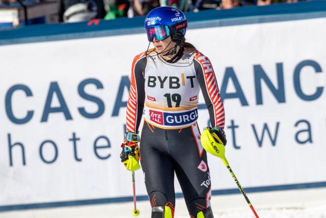 Canada's Laurence St-Germain reacts after the second run of the women's slalom event of the FIS Alpine Skiing World Cup in Gurgl, Austria on November 23, 2025. (Photo by Johann GRODER / various sources / AFP) / Austria OUT