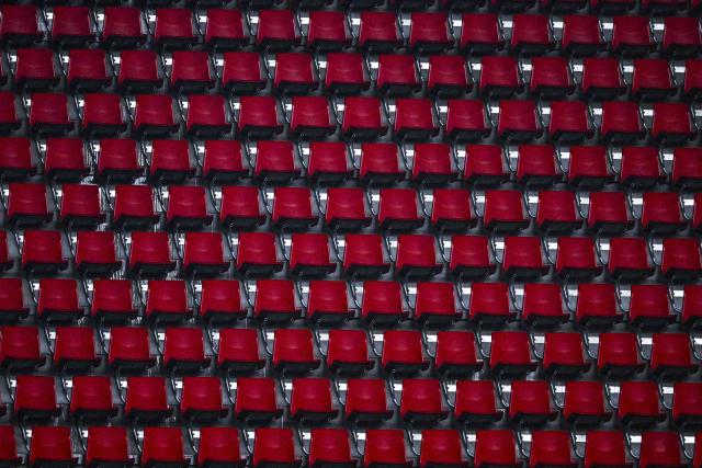 This photograph shows empty seats of a tribune during a Belgian Pro League first division football match between Royal Antwerp FC and FCV Dender EH in Antwerp on November 23, 2025. (Photo by Tom Goyvaerts / Belga / AFP) / Belgium OUT