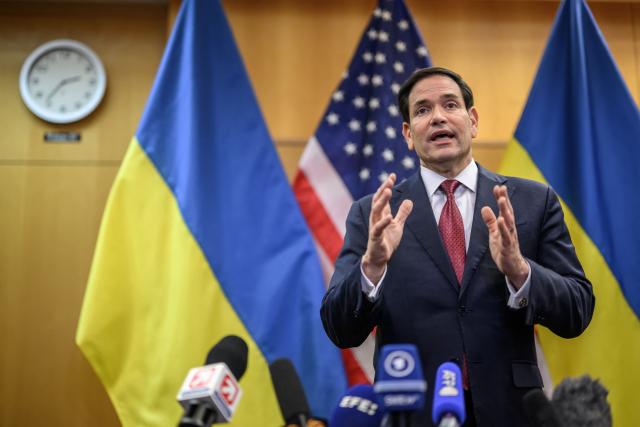 US Secretary of State Marco Rubio holds a press conference following a closed-door talks on a US plan to end the war in Ukraine at the US Mission in Geneva, on November 23, 2025. US Secretary of State Marco Rubio arrived in Geneva on November 23, 2025 morning for discussions on a US plan to end the Ukraine war, after Washington signalled room for negotiation on the controversial proposal. Ukrainian, European and Canadian officials were also gathering in the Swiss city. (Photo by Fabrice COFFRINI / AFP)