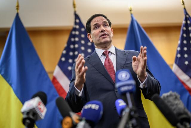 US Secretary of State Marco Rubio holds a press conference following a closed-door talks on a US plan to end the war in Ukraine at the US Mission in Geneva, on November 23, 2025. US Secretary of State Marco Rubio arrived in Geneva on November 23, 2025 morning for discussions on a US plan to end the Ukraine war, after Washington signalled room for negotiation on the controversial proposal. Ukrainian, European and Canadian officials were also gathering in the Swiss city. (Photo by Fabrice COFFRINI / AFP)