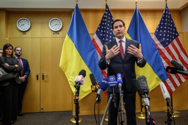 US Secretary of State Marco Rubio holds a press conference following a closed-door talks on a US plan to end the war in Ukraine at the US Mission in Geneva, on November 23, 2025. US Secretary of State Marco Rubio arrived in Geneva on November 23, 2025 morning for discussions on a US plan to end the Ukraine war, after Washington signalled room for negotiation on the controversial proposal. Ukrainian, European and Canadian officials were also gathering in the Swiss city. (Photo by Fabrice COFFRINI / AFP)