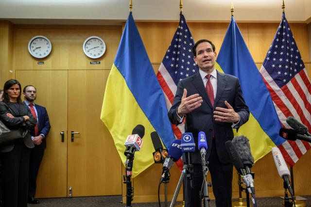 US Secretary of State Marco Rubio holds a press conference following a closed-door talks on a US plan to end the war in Ukraine at the US Mission in Geneva, on November 23, 2025. US Secretary of State Marco Rubio arrived in Geneva on November 23, 2025 morning for discussions on a US plan to end the Ukraine war, after Washington signalled room for negotiation on the controversial proposal. Ukrainian, European and Canadian officials were also gathering in the Swiss city. (Photo by Fabrice COFFRINI / AFP)