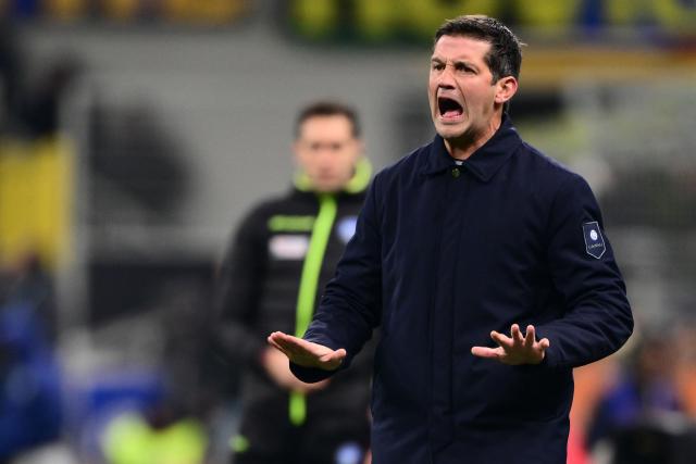 Inter Milan's Romanian head coach Crisitan Chivu reacts during the Italian Serie A football match between Inter Milan and AC Milan at San Siro stadium in Milan, northern Italy, on November 23, 2025. (Photo by Marco BERTORELLO / AFP)