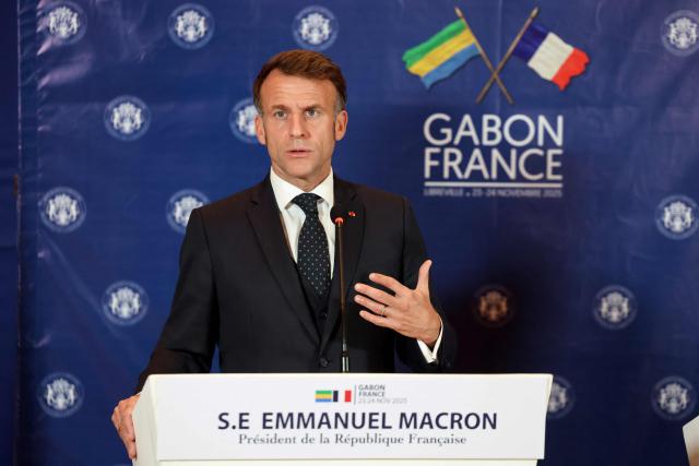 France's President Emmanuel Macron speaks during a joint press conference with Gabon's President following their meeting in Libreville on November 23, 2025. (Photo by Ludovic MARIN / AFP)