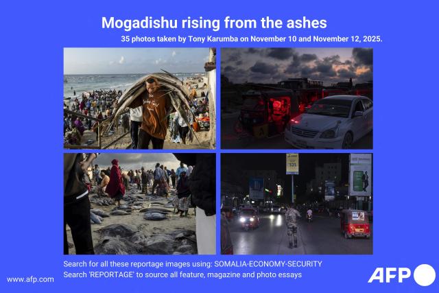 AFP presents a reportage of 35 pictures taken by photographer Tony Karumba in Mogadishu on November 10 and November 12, 2025.
Mogadishu is rising, literally, from the ashes of decades of war. Pavements remain scarred by bullet holes and ruined buildings still line many streets, but the city's cacophony is now one of construction, not destruction.
The east African nation saw civil war in the 1990s mutate into an Islamist insurgency in the 2000s that still threatens much of the country.
Almost 70 percent of Somalia's population is defined as "multidimensionally poor" by the United Nations -- tracking education, health, living standards, services and inclusion.
But for the first time in decades, the three million inhabitants of capital Mogadishu -- relatively well-protected from the conflict still raging just a couple of hours outside the city -- are witnessing a building boom.. Search all these reportage images using: SOMALIA-ECONOMY-SECURITY
Search "REPORTAGE" to source all feature, magazine and photo essays. (Photo by Tony KARUMBA / AFP)