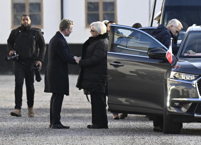 Sweden's Defense Minister Pål Jonson (C-L) welcomes French Defense Minister Catherine Vautrin (C-R) as she arrives at Karlberg Palace in Stockholm, Sweden, on November 24, 2025. (Photo by Jessica Gow/TT / TT News Agency / AFP) / Sweden OUT