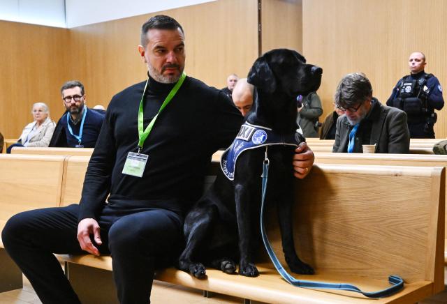 Ex-husband of Maylis Daubon, Yannick Reverdy pets a dog as he sits in the courtroom of the Assize Court of the Landes department, in Mont-de-Marsan, in southwestern France, on November 24, 2025, prior to the start of the trial of Maylis Daubon, charged with poisoning her two daughters, one of whom died. The trial of Maylis Daubon, 53, accused of poisoning her two daughters, one of whom died, by drugging them, then attempting to have their father murdered from prison, is set to open on November 24. Maylis Daubon has maintained since her indictment and imprisonment in January 2022 that her eldest daughter, who died at the age of 18, committed suicide (Photo by Gaizka IROZ / AFP)