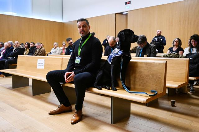 Ex-husband of Maylis Daubon, Yannick Reverdy sits by a dog in the courtroom of the Assize Court of the Landes department, in Mont-de-Marsan, in southwestern France, on November 24, 2025, prior to the start of the trial of Maylis Daubon, charged with poisoning her two daughters, one of whom died. The trial of Maylis Daubon, 53, accused of poisoning her two daughters, one of whom died, by drugging them, then attempting to have their father murdered from prison, is set to open on November 24. Maylis Daubon has maintained since her indictment and imprisonment in January 2022 that her eldest daughter, who died at the age of 18, committed suicide (Photo by Gaizka IROZ / AFP)
