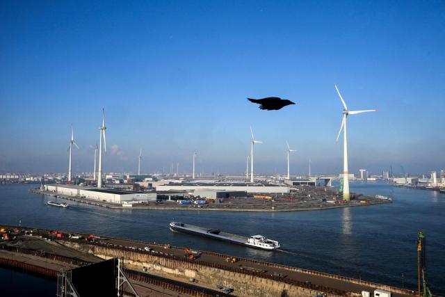 A barge transporting containers navigates along the Port of Antwerp-Bruges, in Antwerp, on November 21, 2025. (Photo by Nicolas TUCAT / AFP)