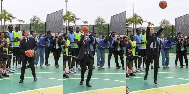 (COMBO) This combination of pictures created on November 24, 2025 shows
France’s President Emmanuel Macron (C) shooting for the basket while visiting a  basketball court with athletes in Libreville on November 24, 2025. (Photo by Ludovic MARIN / AFP)