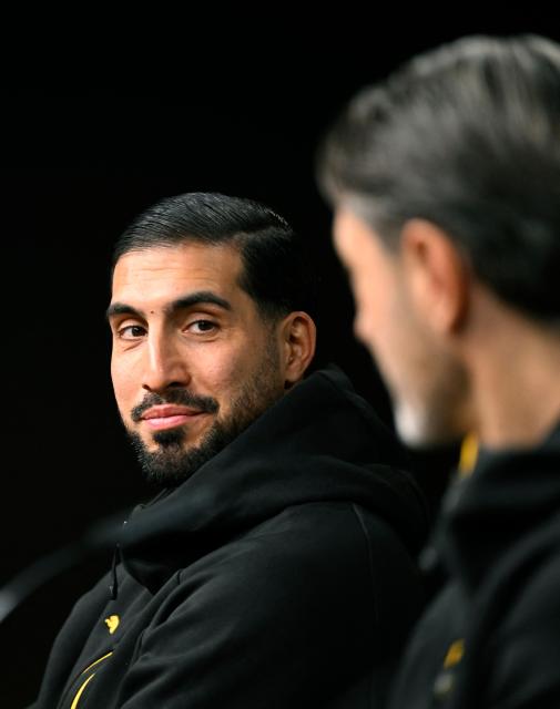 Dortmund's Croatian head coach Niko Kovac and Dortmund's German midfielder #23 Emre Can (L) attend a press conference in Dortmund, western Germany on November 24, 2025, on the eve of the UEFA Champions League, league phase - Day 5 football match, Borussia Dortmund v Villarreal CF. (Photo by Ina FASSBENDER / AFP)