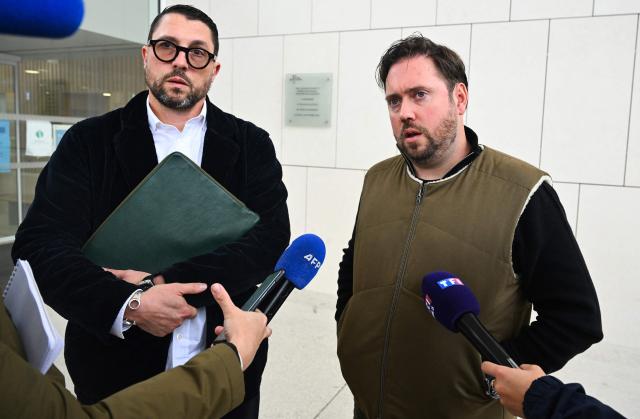 Lawyers of the civil parties Victor Font (R) and Fabien Large (L) speak to the press outside the courtroom of the Assize Court of the Landes department, in Mont-de-Marsan, in southwestern France, on November 24, 2025, during the trial of Maylis Daubon, charged with poisoning her two daughters, one of whom died. The trial of Maylis Daubon, 53, accused of poisoning her two daughters, one of whom died, by drugging them, then attempting to have their father murdered from prison, is set to open on November 24. Maylis Daubon has maintained since her indictment and imprisonment in January 2022 that her eldest daughter, who died at the age of 18, committed suicide. (Photo by Gaizka IROZ / AFP)