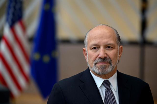 US' Commerce Secretary Howard Lutnick looks on as he delivers remarks to the press at the end of an EU Foreign Affairs Council about Trade in Brussels on November 24, 2025. (Photo by Nicolas TUCAT / AFP)