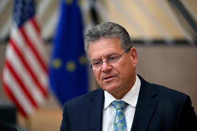 EU Commissioner for Trade and Economic Security, Interinstitutional relations and Transparency Maros Sefcovic looks on at the end of an EU Foreign Affairs Council about Trade in Brussels on November 24, 2025. (Photo by Nicolas TUCAT / AFP)