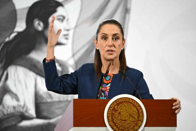 (FILES) Mexico's President Claudia Sheinbaum speaks during her daily press conference at Palacio Nacional in Mexico City on November 17, 2025. If Peruvian security forces storm the Mexican embassy in Lima to capture former Prime Minister Betssy Chavez, they would be violating international law, Mexican President Claudia Sheinbaum warned on on November 24, 2025. The Mexican government responded in this way to Peruvian President Jose Jeri, who in an interview published on Sunday said he was open to “all kinds of possibilities” to capture the former official. (Photo by Yuri CORTEZ / AFP)