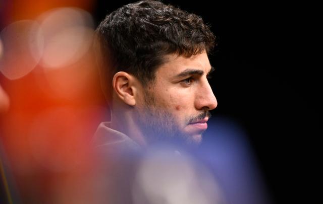 Villarreal's Spanish midfielder #14 Santi Comesana attends a press conference in Dortmund, western Germany on November 24, 2025, on the eve of the UEFA Champions League, league phase - Day 5 football match, Borussia Dortmund v Villarreal CF. (Photo by Ina FASSBENDER / AFP)