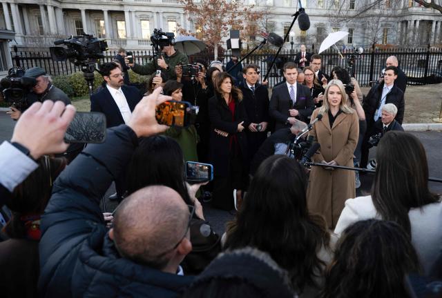 White House Press Secretary Karoline Leavitt speaks to journalists outside the West Wing of the White House in Washington, DC, on November 24, 2025. (Photo by ANDREW CABALLERO-REYNOLDS / AFP)