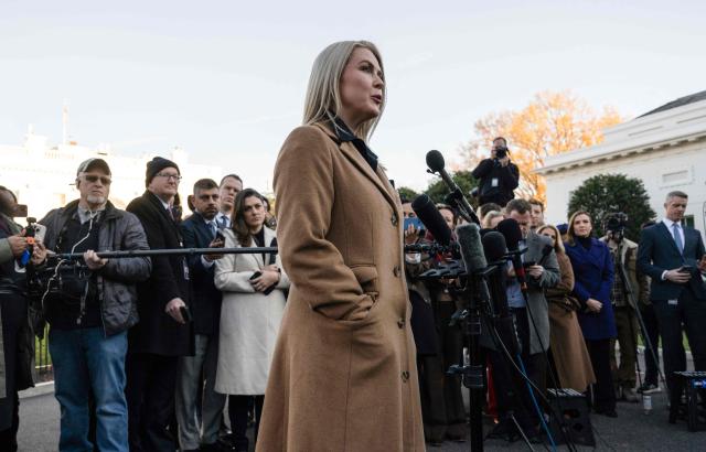 White House Press Secretary Karoline Leavitt speaks to journalists outside the West Wing of the White House in Washington, DC, on November 24, 2025. (Photo by ANDREW CABALLERO-REYNOLDS / AFP)