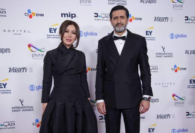 Algerian journalist Fairouz Ziani (L) and Palestinian journalist Asef Hamidi attend the 53rd International Emmy Awards Gala at the New York Hilton Midtown on November 24, 2025 in New York City. (Photo by Leonardo MUNOZ / AFP)