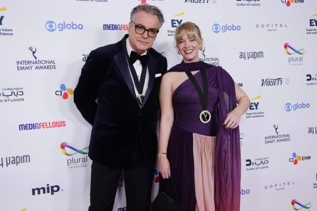 British executive producer Kenton Allen (L) and British producer Anya Wilson attend the 53rd International Emmy Awards Gala at the New York Hilton Midtown on November 24, 2025 in New York City. (Photo by Leonardo MUNOZ / AFP)