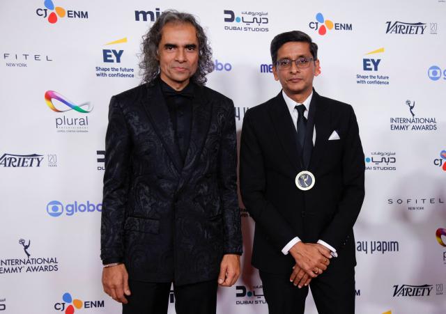 Indian filmmaker Imtiaz Ali (L) and Indian producer Mohit Chaudhary attend the 53rd International Emmy Awards Gala at the New York Hilton Midtown on November 24, 2025 in New York City. (Photo by Leonardo Munoz / AFP)
