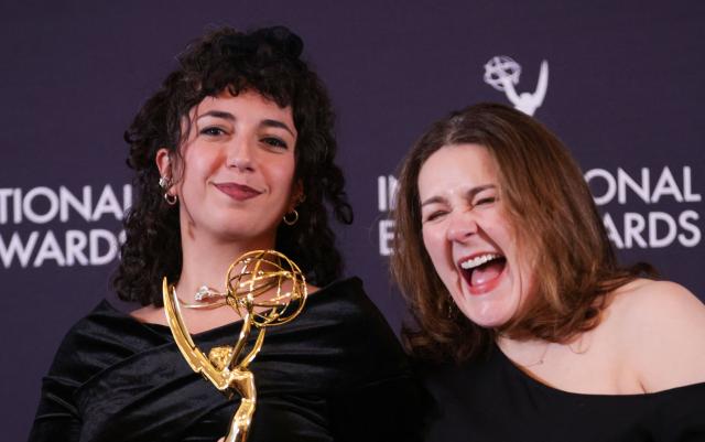 Lebanese/British producer/director Vanessa Bowles (L) and  editor Melanie Quigley (R) pose in the press room with the Current Affairs award for "Dispatches: Kill Zone: Inside Gaza" during the 53rd International Emmy Awards Gala at the New York Hilton Midtown on November 24, 2025 in New York City. (Photo by Leonardo MUNOZ / AFP)
