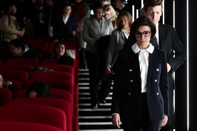 France's Education Minister Edouard Geffray (R) and France's Culture Minister Rachida Dati look on during a school screening of the movie "Capitaines !" as part of their visit to the Cinemas du Palais movie theatre to unveil new measures promoting film education, in Creteil, Paris suburb on November 25, 2025. (Photo by Thibaud MORITZ / AFP)