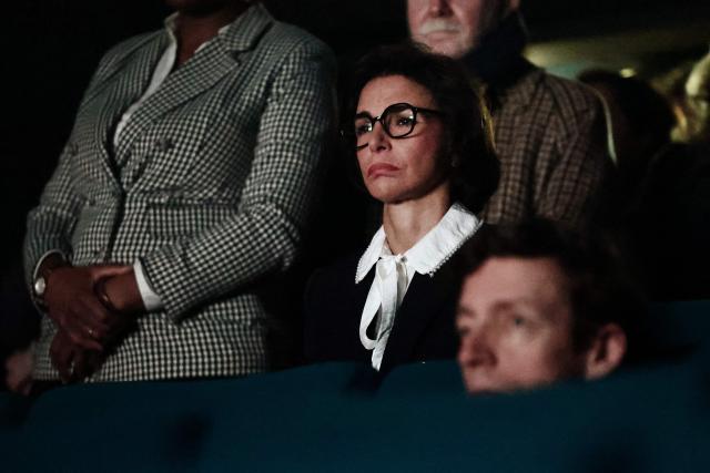 France's Culture Minister Rachida Dati (C) attends a school screening of the movie "Capitaines !" as part of a visit to the Cinemas du Palais movie theatre to unveil new measures promoting film education, in Creteil, Paris suburb on November 25, 2025. (Photo by Thibaud MORITZ / AFP)