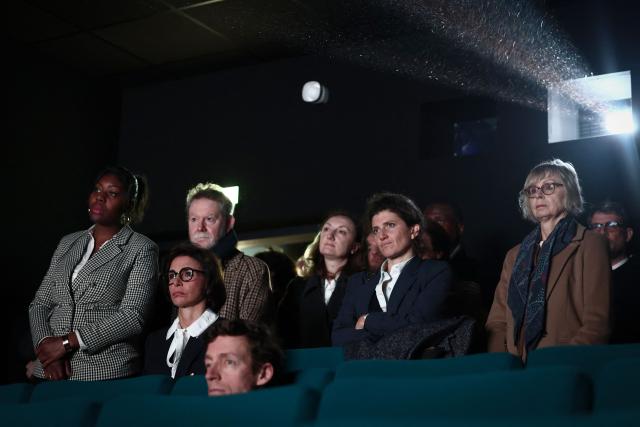 France's Education Minister Edouard Geffray (first row-C) and France's Culture Minister Rachida Dati (2nd row-L) attend a school screening of the movie "Capitaines !" as part of a visit to the Cinemas du Palais movie theatre to unveil new measures promoting film education, in Creteil, Paris suburb on November 25, 2025. (Photo by Thibaud MORITZ / AFP)