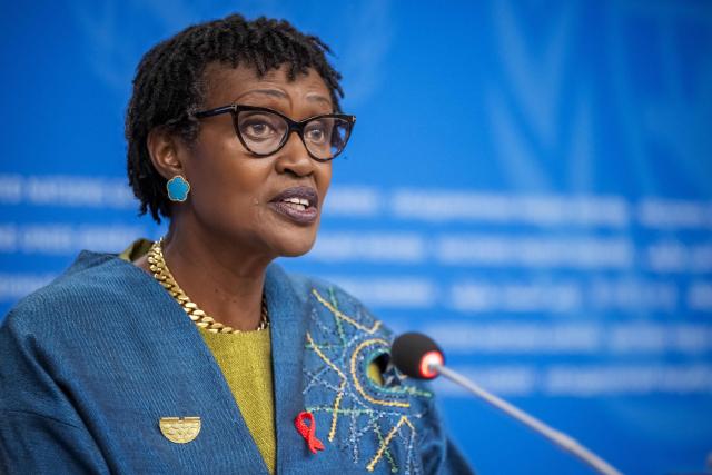 UNAIDS executive director Winnie Byanyima holds a press conference ahead of the World AIDS Day 2025 at the United Nations offices in Geneva on November 25, 2025. (Photo by Fabrice COFFRINI / AFP)