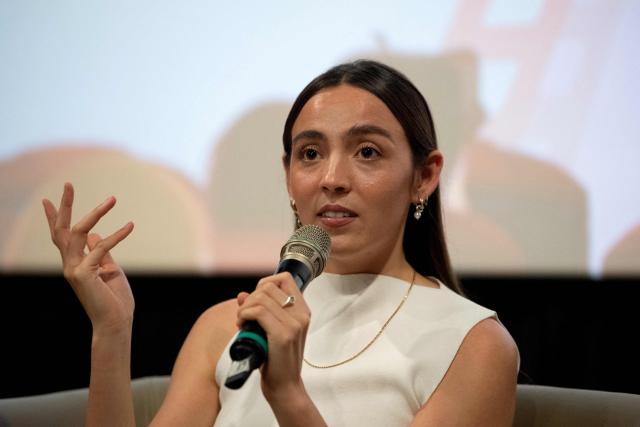 French actress Garance Marillier speaks to the media after the screening of one of her short films as part of the opening ceremony of the French Film Festival, in Manila on November 25, 2025. (Photo by Ted ALJIBE / AFP)