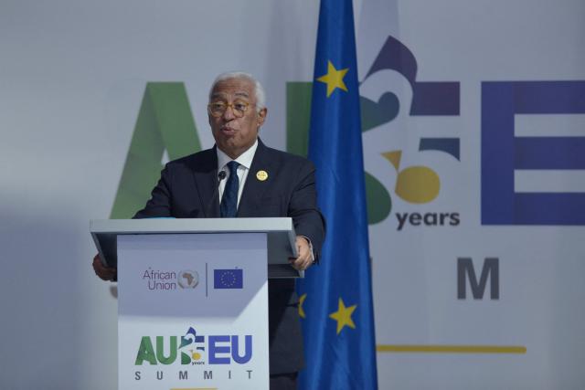 European Council President Antonio Costa addresses a press conference at the end of the second day of the Africa Union (AU) - European Union (EU) Summit the Salao Protocolar in Luanda on November 25, 2025. (Photo by Julio PACHECO NTELA / AFP)