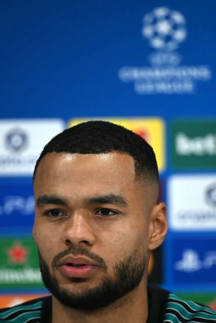 Liverpool's Dutch striker #18 Cody Gakpo attends a press conference at Anfield in Liverpool, north-west England, on November 25, 2025, on the eve of their UEFA Champions League league phase football match against PSV Eindhoven.  (Photo by Paul ELLIS / AFP)