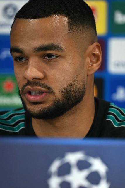 Liverpool's Dutch striker #18 Cody Gakpo attends a press conference at Anfield in Liverpool, north-west England, on November 25, 2025, on the eve of their UEFA Champions League league phase football match against PSV Eindhoven.  (Photo by Paul ELLIS / AFP)