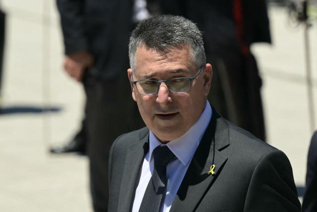 Israeli Foreign Minister Gideon Sa'ar leaves after attending a wreath-laying ceremony in homage to Argentine national hero General Jose de San Martin in Buenos Aires on November 25, 2025, as part of his official visit to the country. (Photo by JUAN MABROMATA / AFP)