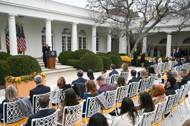 US President Donald Trump speaks during the turkey pardon ceremony in the Rose Garden of the White House in Washington, DC on November 25, 2025. (Photo by ANDREW CABALLERO-REYNOLDS / AFP)